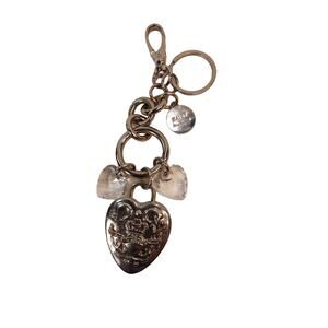 KATHY VAN ZEELAND Silver KEY CHAIN RING FOB Keychain CRYSTAL & PUFFY HEART CHARM
